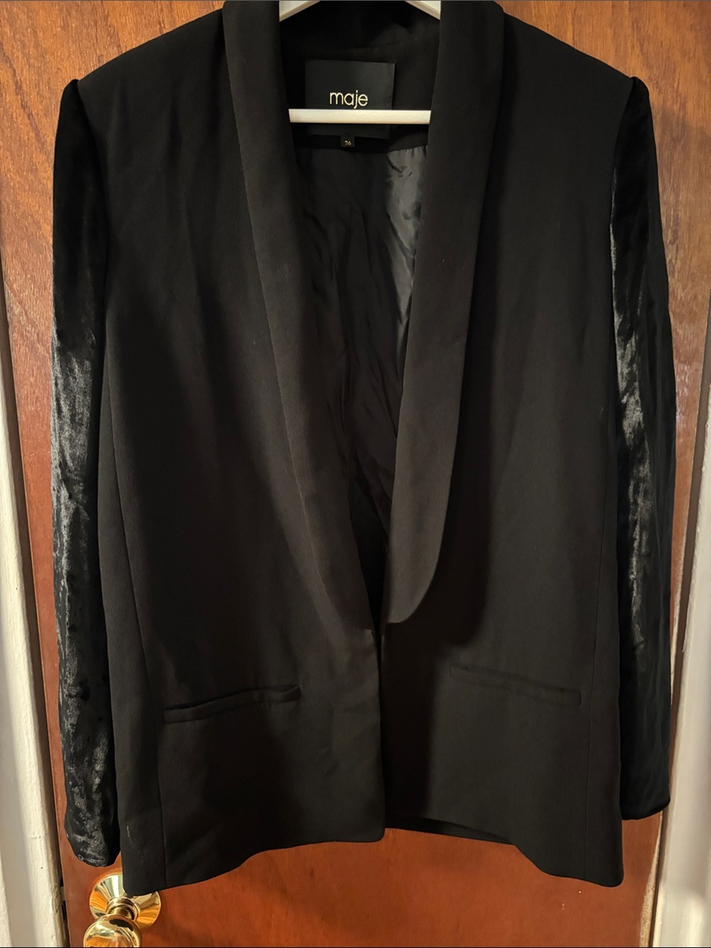 Maje Black Shawl-Collar Blazer with Satin Sleeve Panels